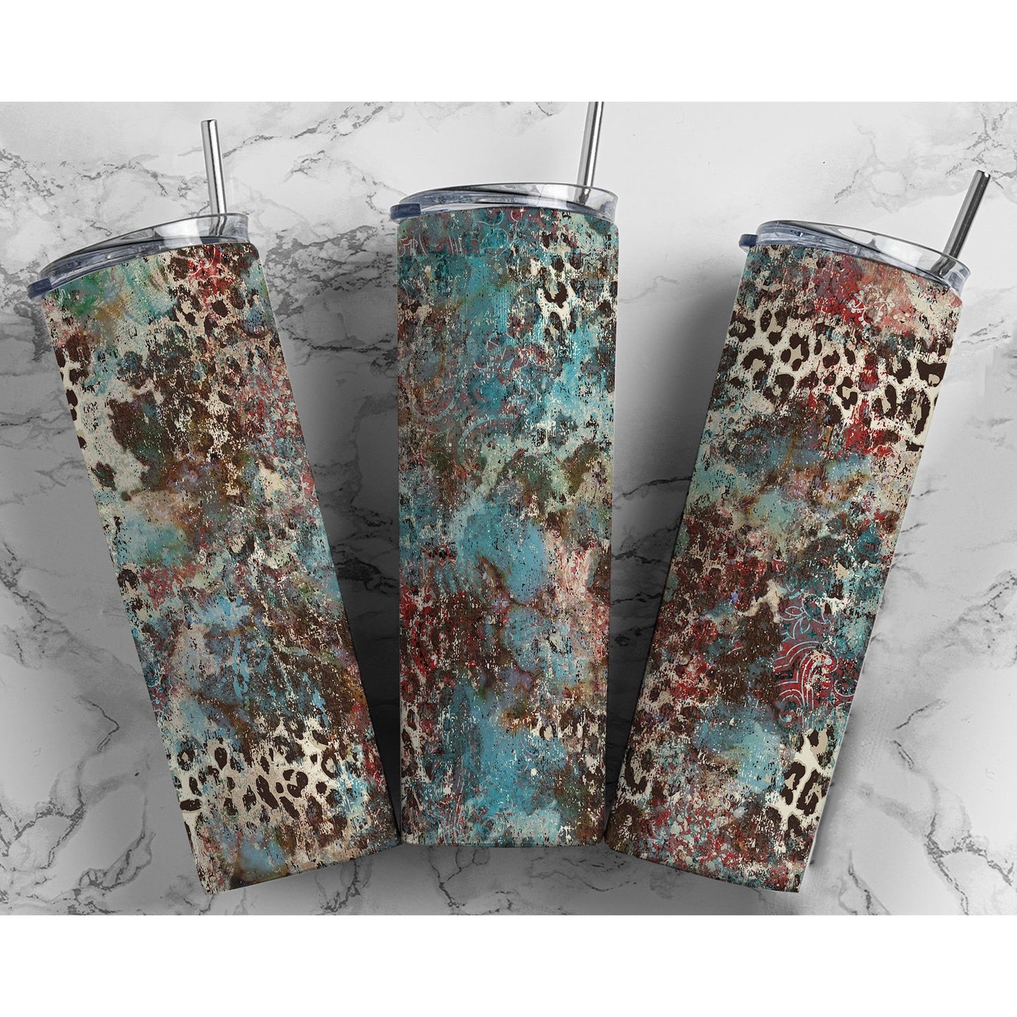 Cow Hide Western Teal Leopard - 20 oz Skinny Tumblers w/ Lid and Straw