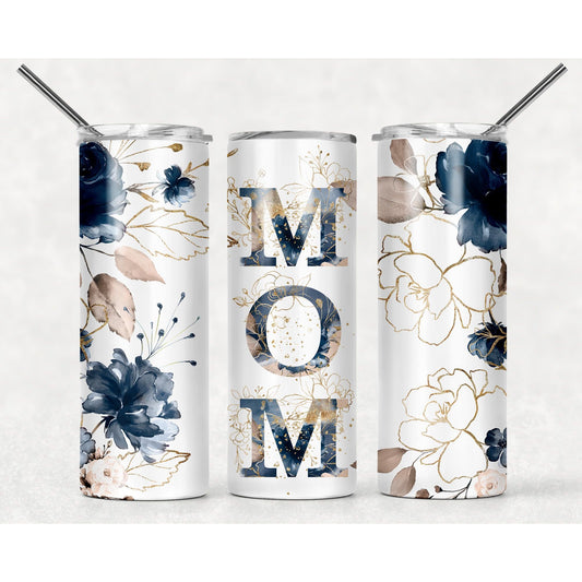 Mom Navy Flowers - 20 oz Skinny Tumblers w/ Lid and Straw