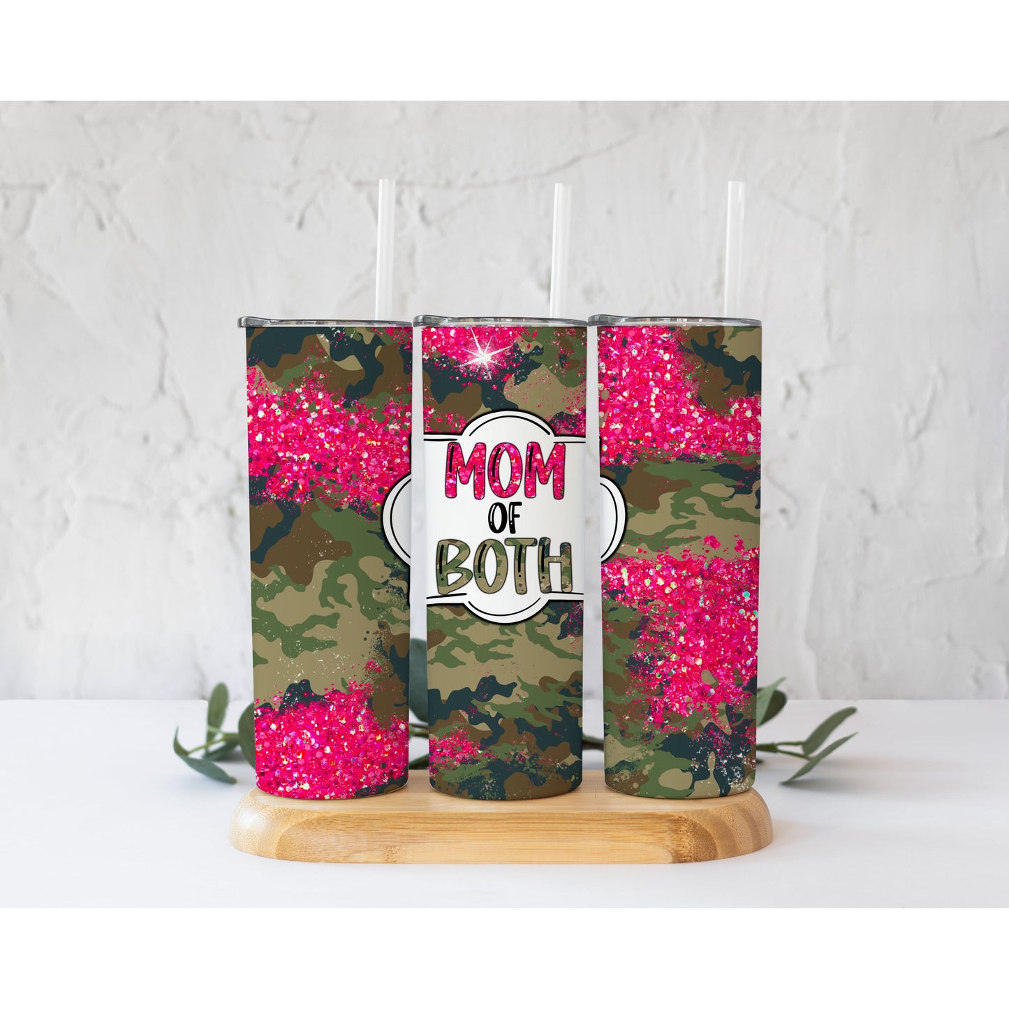 Mom of Both Camo Hot Pink Glitter- 20 oz Skinny Tumblers w/ Lid and Straw