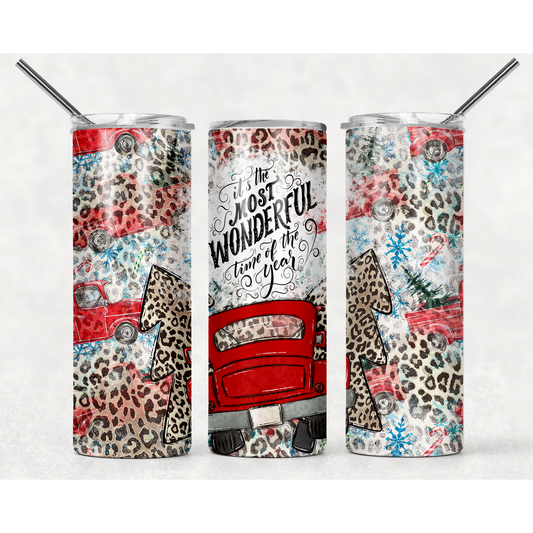 Most Wonderful Time of Year Red Truck Leopard - 20 oz Skinny Tumblers w/ Lid and Straw