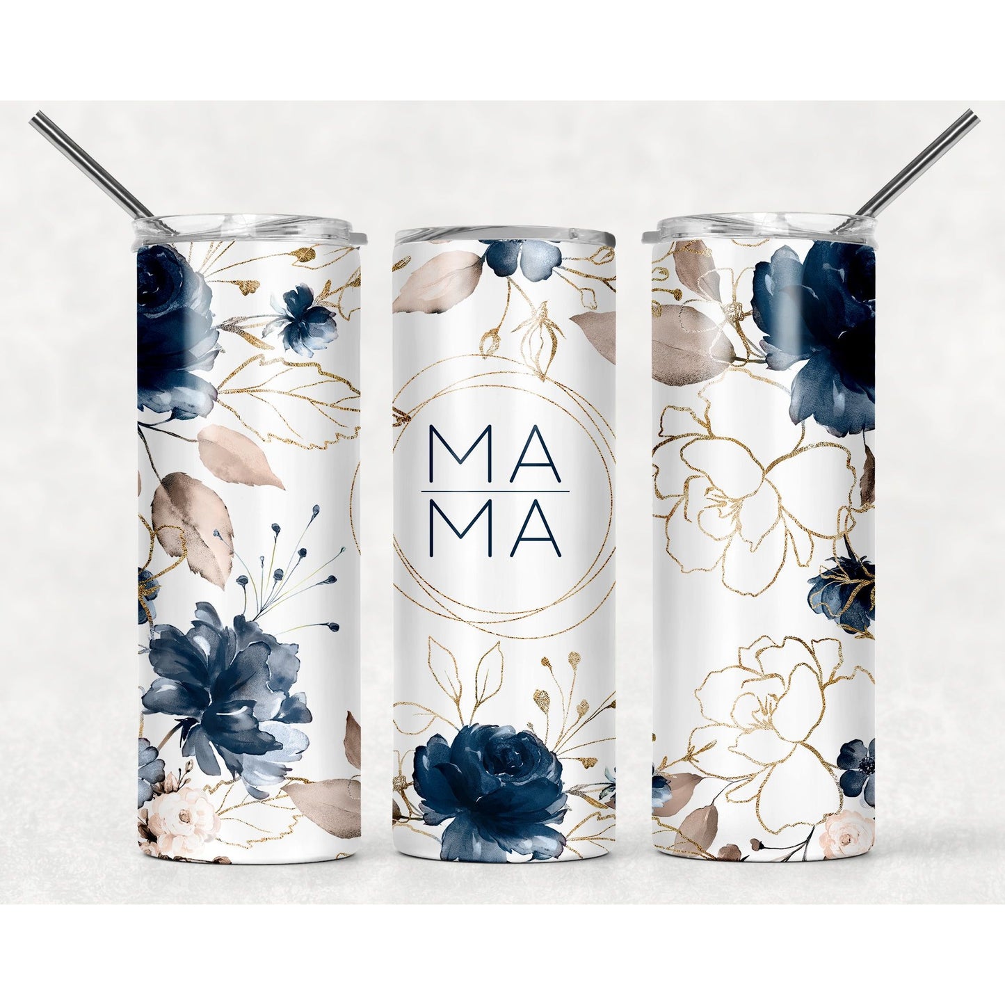 Navy Flowers Mama - 20 oz Skinny Tumblers w/ Lid and Straw