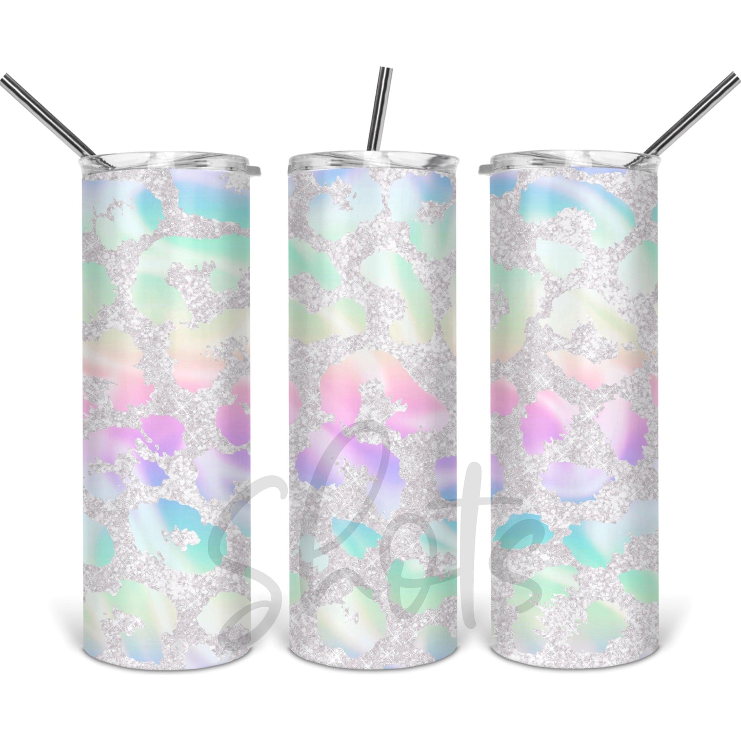 Pastel Glitter Leopard - 20 oz Skinny Tumblers w/ Lid and Straw