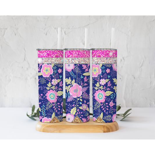 Purple Floral Pencil- 20 oz Skinny Tumblers w/ Lid and Straw