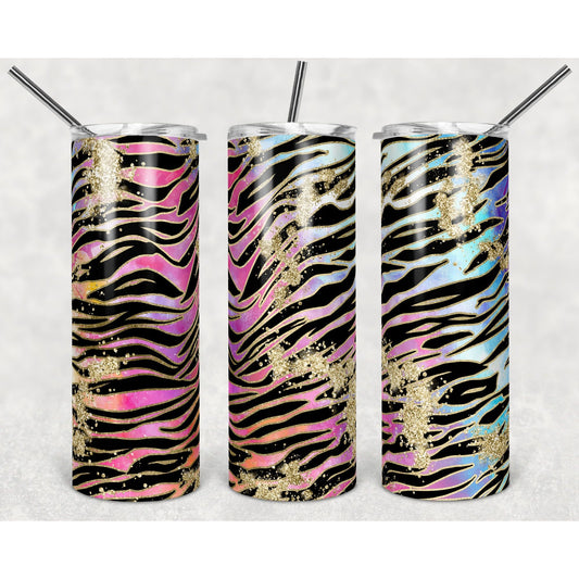 Rainbow Glitter Zebra Print- 20 oz Skinny Tumblers w/ Lid and Straw