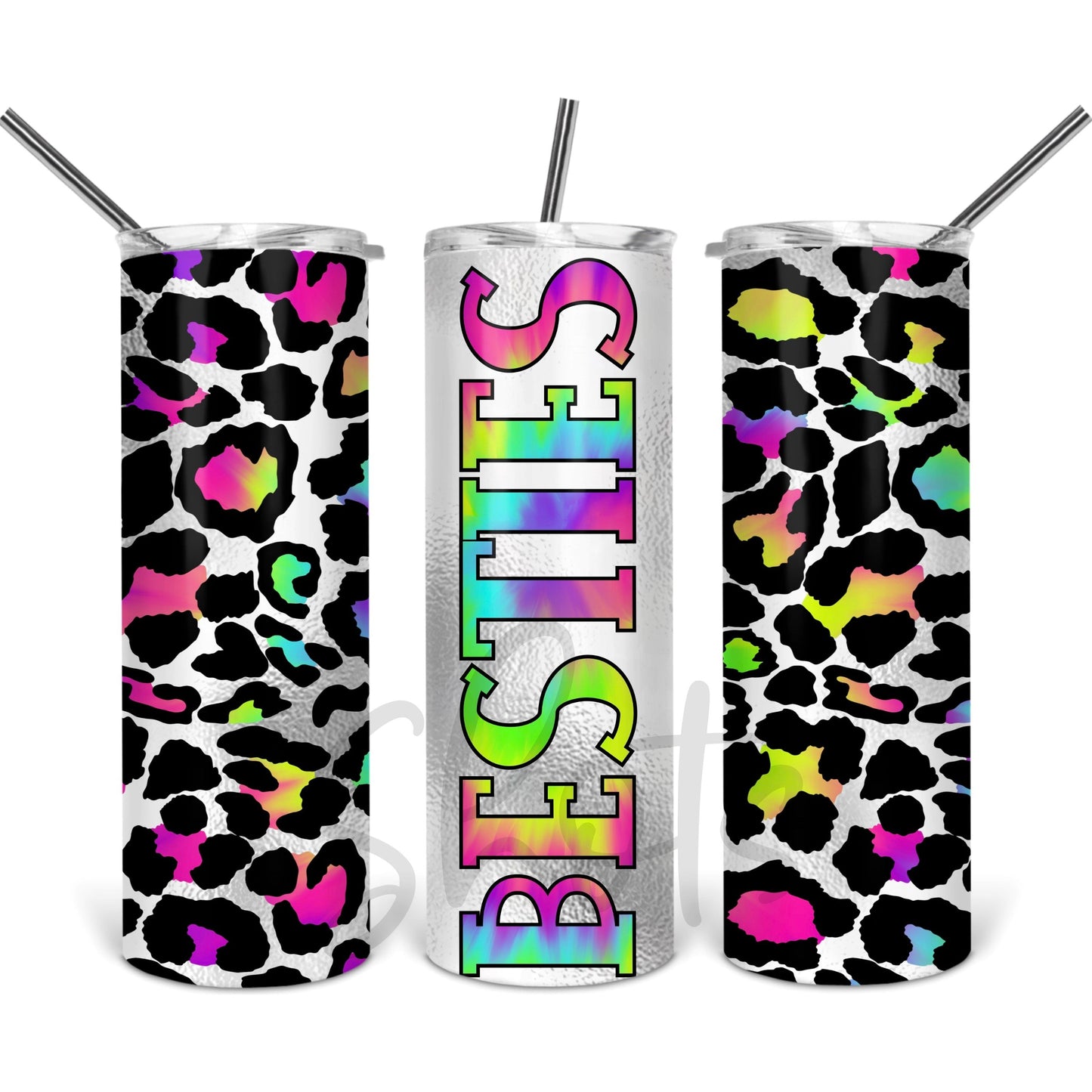 Rainbow Leopard Besties - 20 oz Skinny Tumblers w/ Lid and Straw