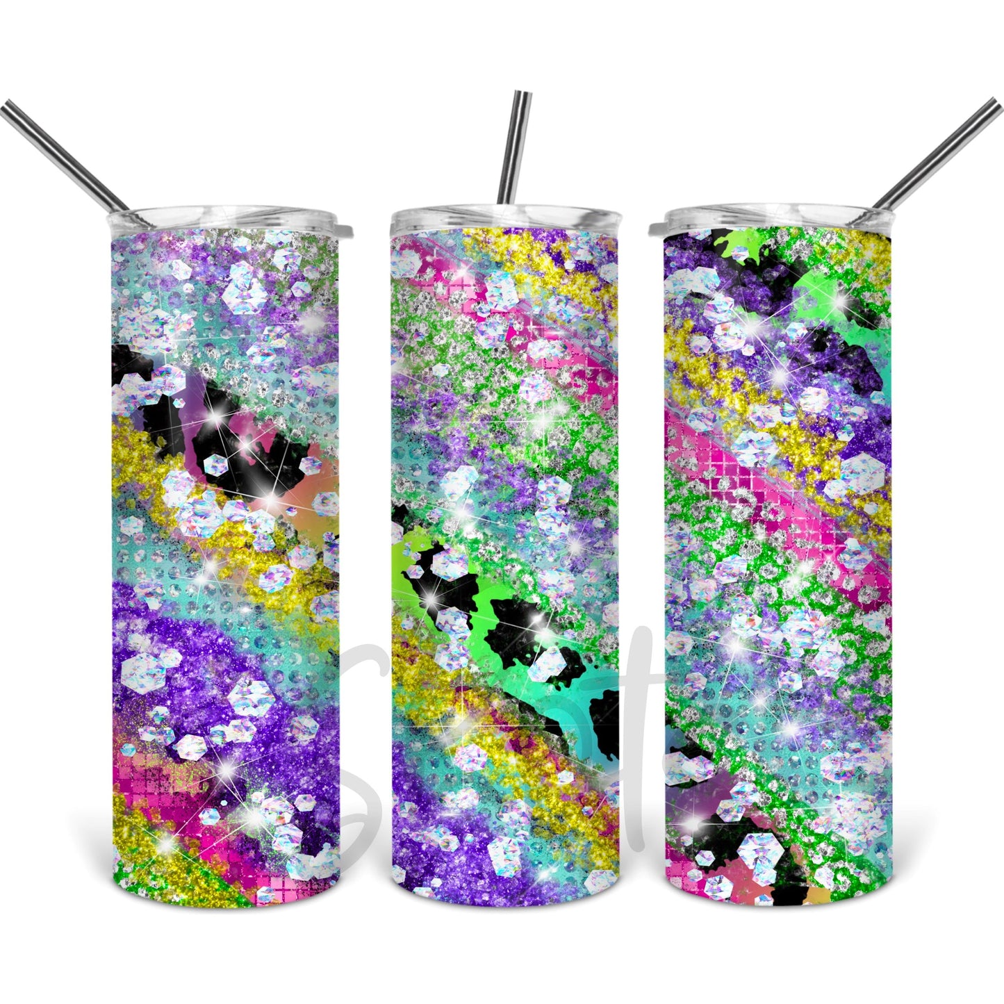 Rainbow Leopard Glitter- 20 oz Skinny Tumblers w/ Lid and Straw