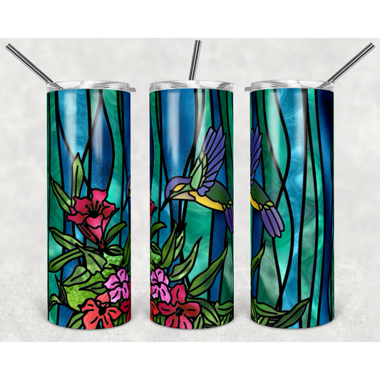 Stained Glass Humming Bird Hibiscus- 20 oz Skinny Tumblers w/ Lid and Straw