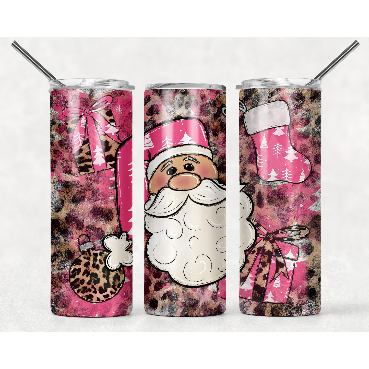 Santa Pink Leopard - 20 oz Skinny Tumblers w/ Lid and Straw