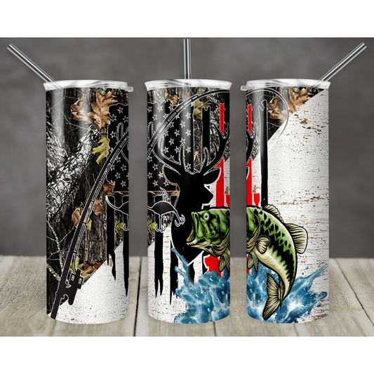 Split Camo Hunting Bass - 20 oz Skinny Tumblers w/ Lid and Straw