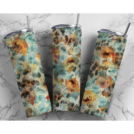 Teal Leopard Color Wash Flowers - Skinny Tumbler
