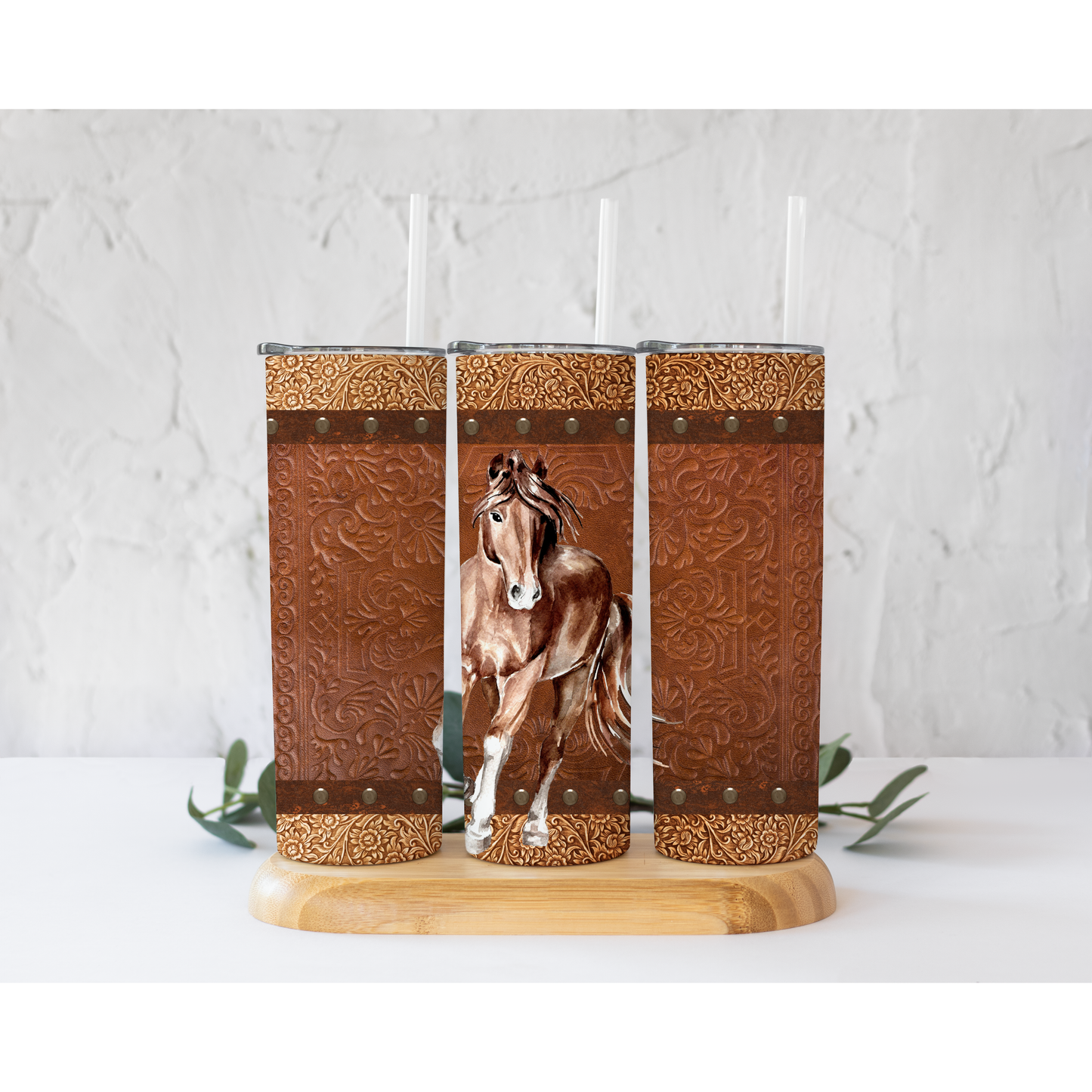 Tooled Leather Horse - 20 oz Skinny Tumblers w/ Lid and Straw