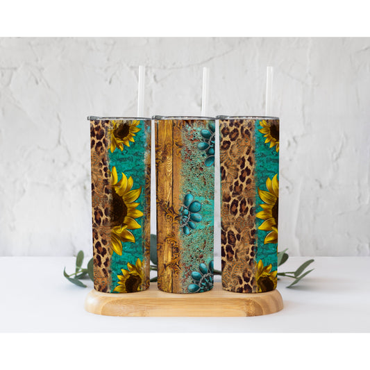 Turquoise Gemstone Leopard Sunflower  - 20 oz Skinny Tumblers w/ Lid and Straw