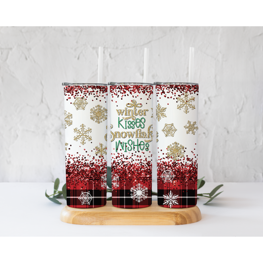 Winter Kisses Snowflake Wishes- 20 oz Skinny Tumblers w/ Lid and Straw