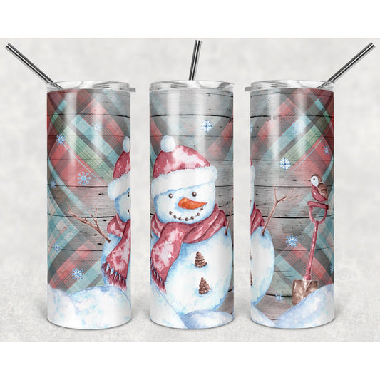 Winter Plaid and Snowman on Wood- 20 oz Skinny Tumblers w/ Lid and Straw