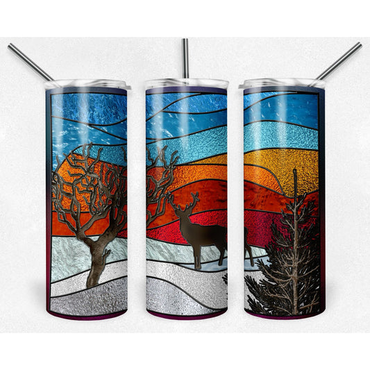 Winter Deer Sunset Stained Glass - 20 oz Skinny Tumblers w/ Lid and Straw