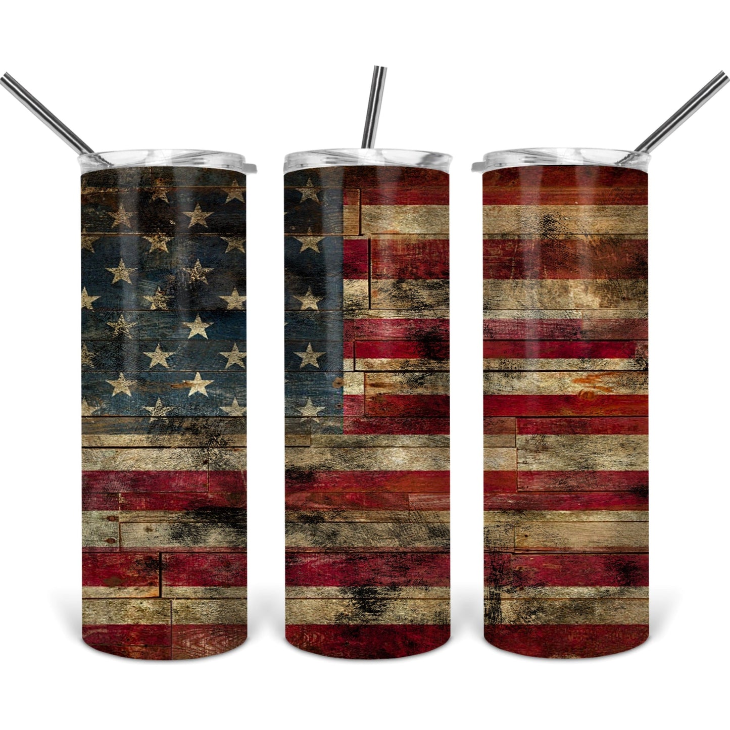 Wooden Rustic American Flag - 20 oz Skinny Tumblers w/ Lid and Straw