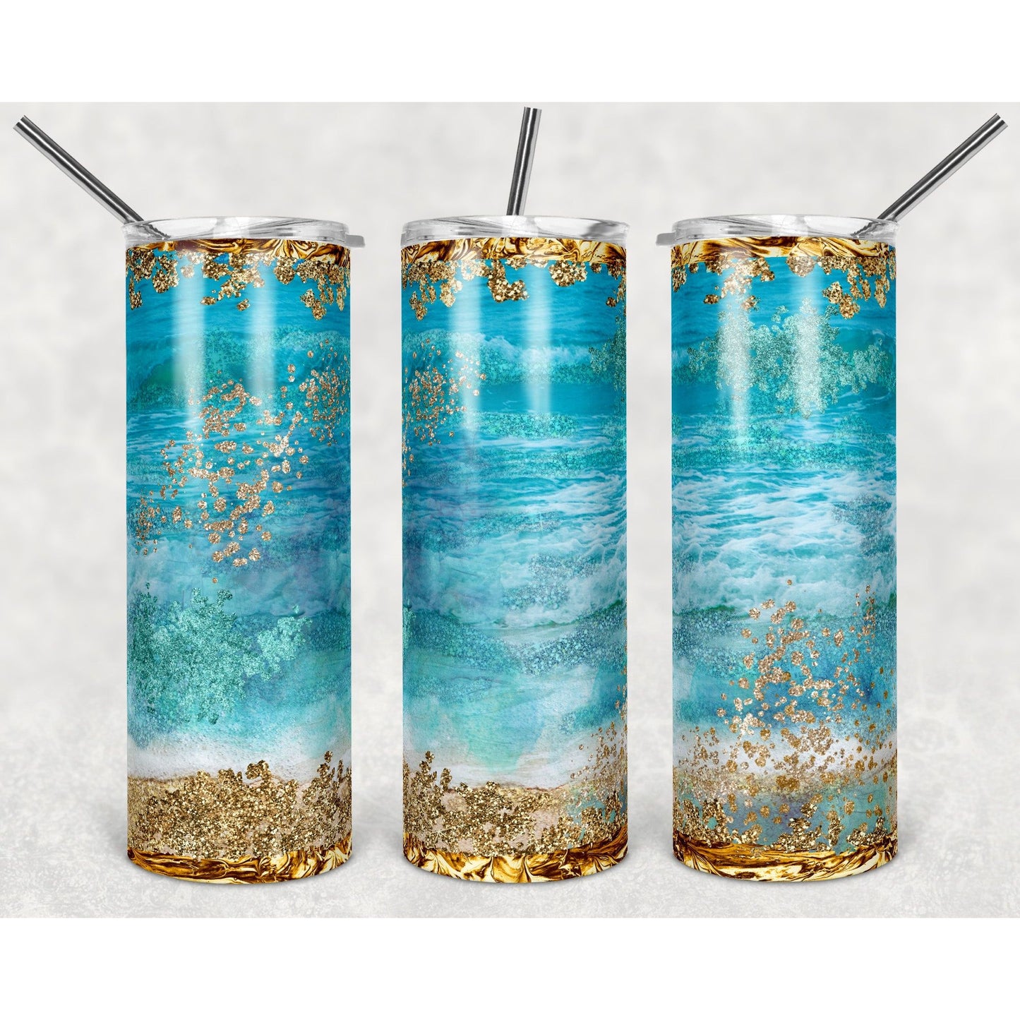 Blue Sand Sea Gold - 20 oz Skinny Tumblers w/ Lid and Straw