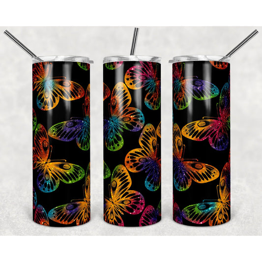 Butterfly Rainbow Glitter - 20 oz Skinny Tumblers w/ Lid and Straw