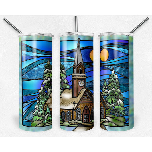 Church Winter Stained Glass - 20 oz Skinny Tumblers w/ Lid and Straw