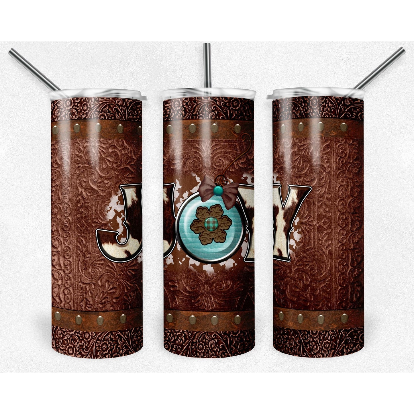 Cowboy Rust Christmas Joy Snowflake Western - 20 oz Skinny Tumblers w/ Lid and Straw