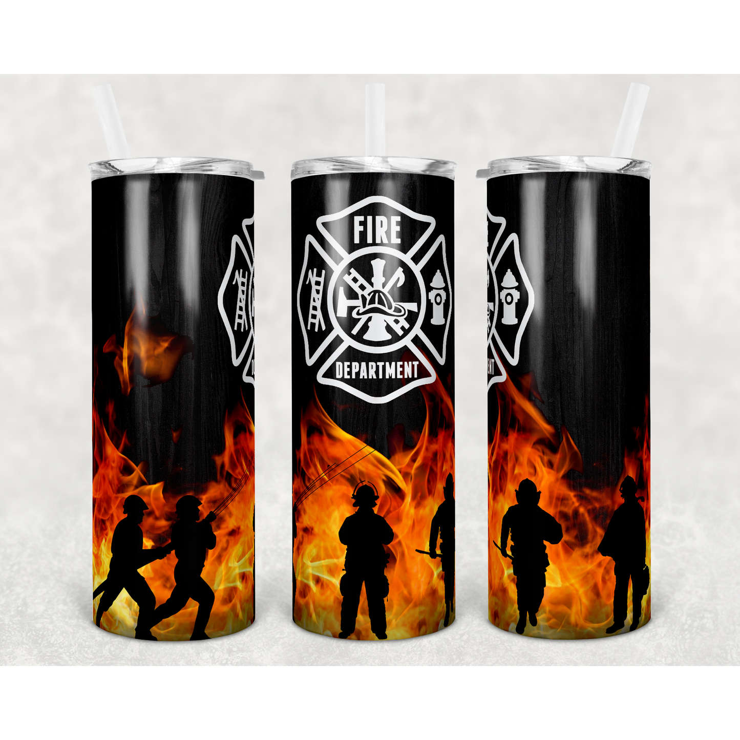 Fireman Flames Silhouette Shield - 20 oz Skinny Tumblers w/ Lid and Straw