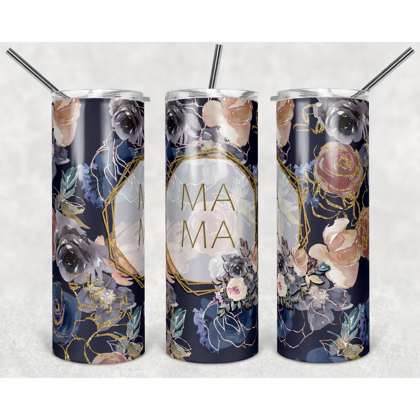 Floral Mama Blue Gold Geo - 20 oz Skinny Tumblers w/ Lid and Straw