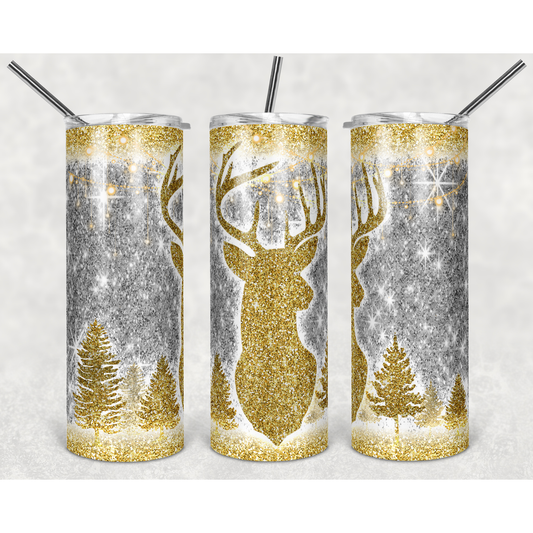 Glitter Gold Deer - 20 oz Skinny Tumblers w/ Lid and Straw