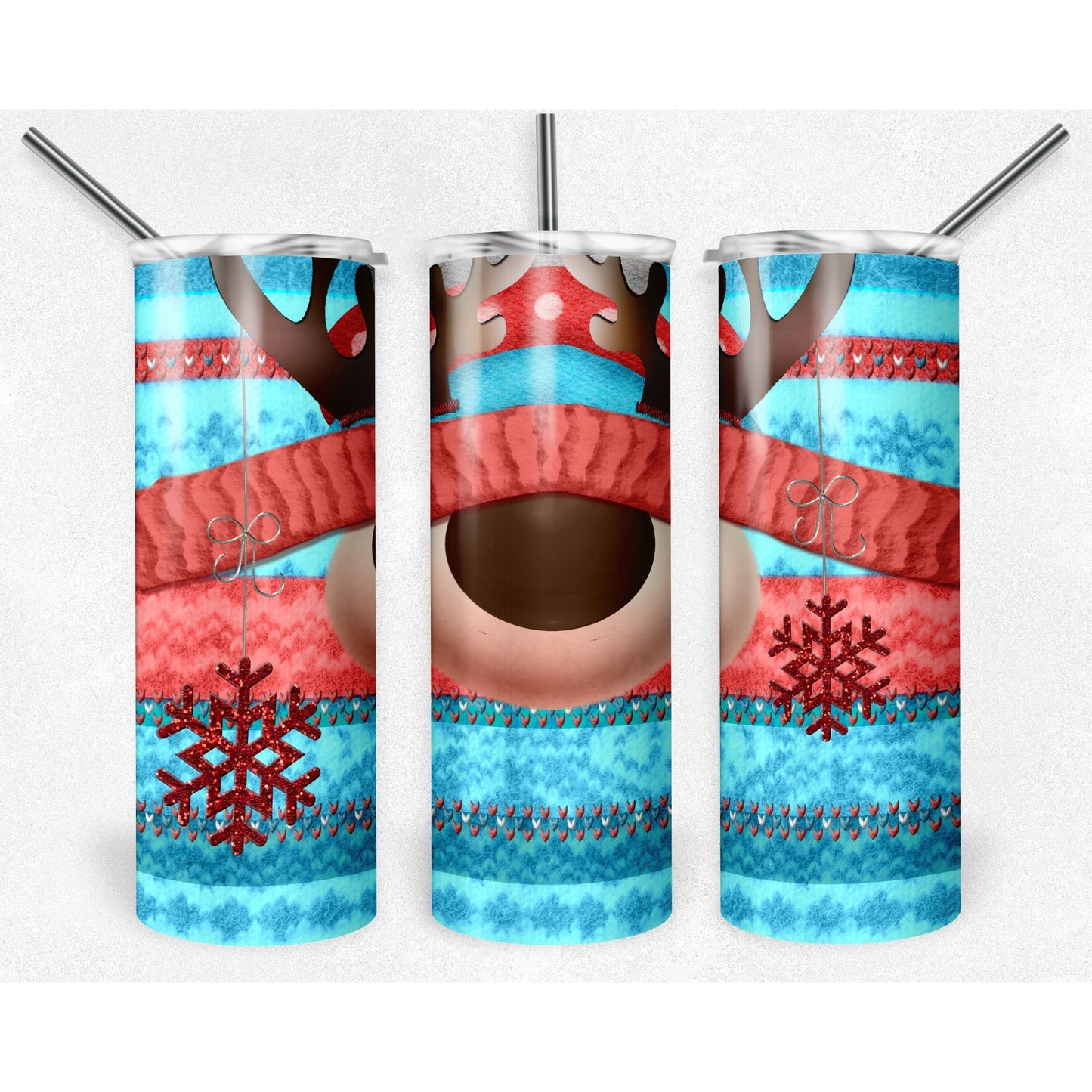 Knit Reindeer Red Teal - 20 oz Skinny Tumblers w/ Lid and Straw