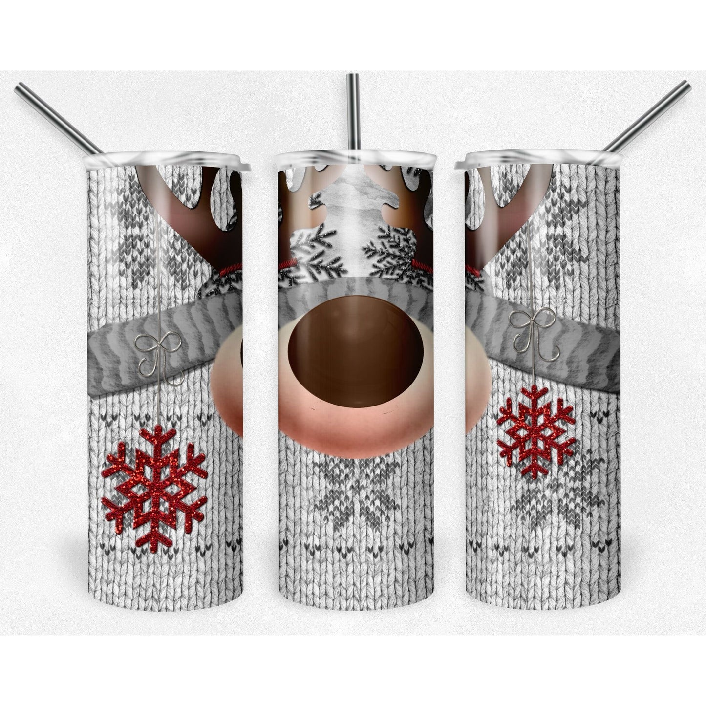 Knit Red Snowflakes Silver Reindeer - 20 oz Skinny Tumblers w/ Lid and Straw