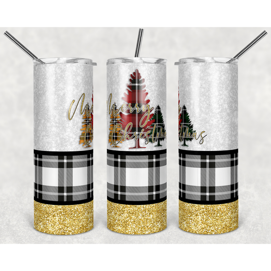 Merry Christmas Plaid Trees - 20 oz Skinny Tumblers w/ Lid and Straw