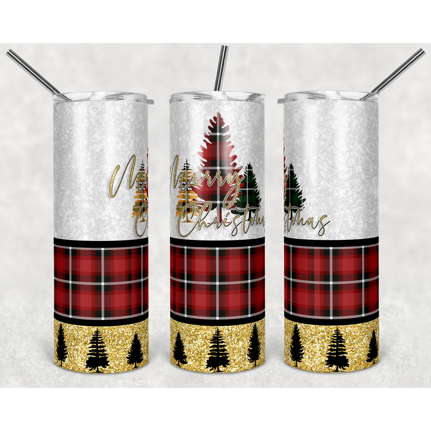 Merry Christmas Red Plaid Trees - 20 oz Skinny Tumblers w/ Lid and Straw