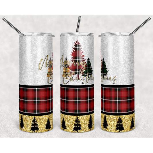 Merry Christmas Red Plaid Trees - 20 oz Skinny Tumblers w/ Lid and Straw