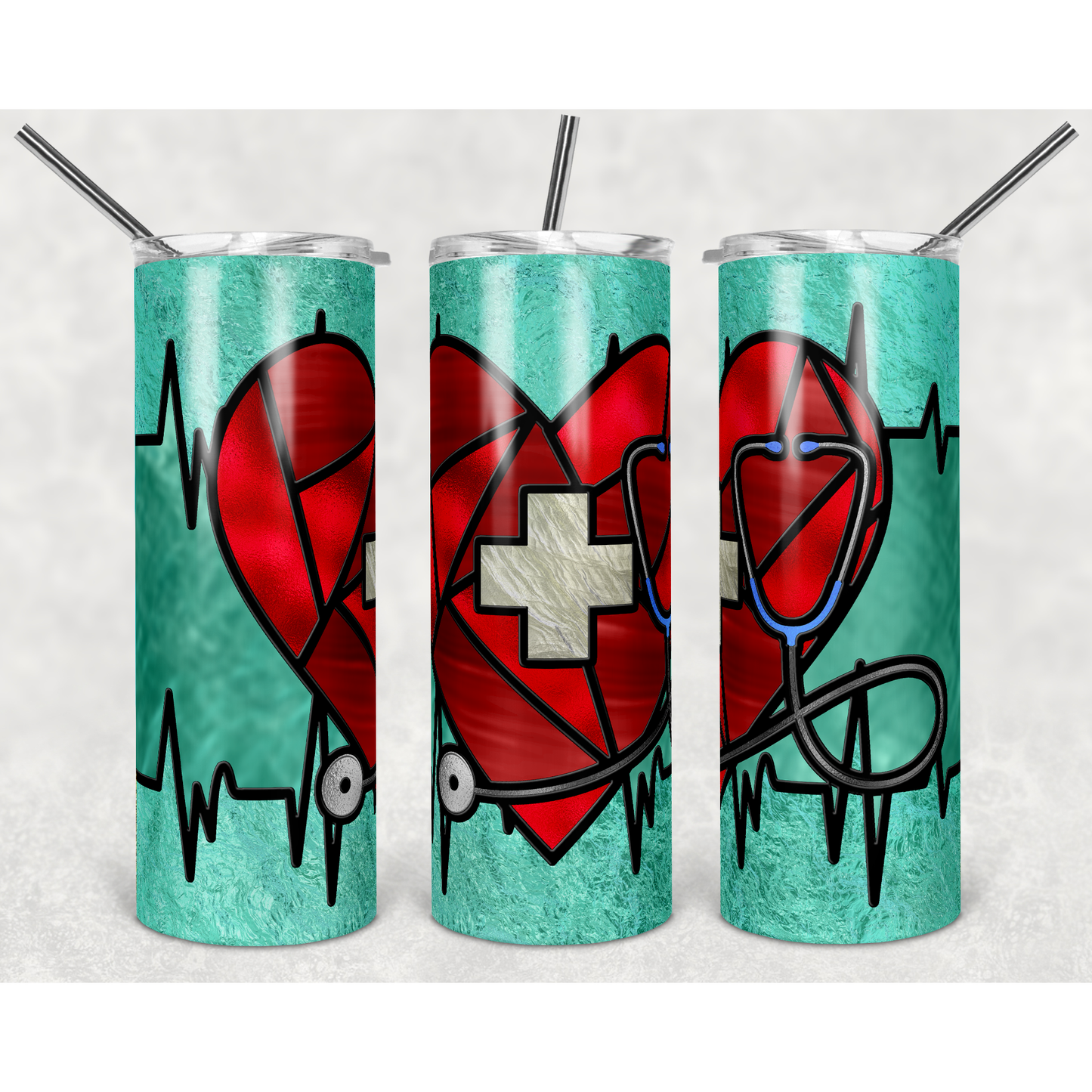 Nurse Stained Glass Medical - 20 oz Skinny Tumblers w/ Lid and Straw