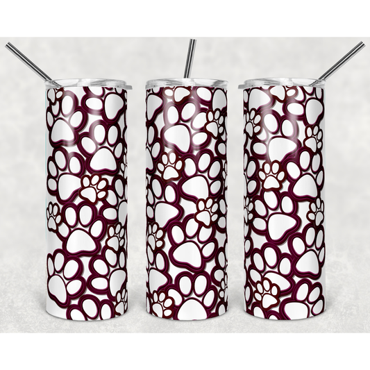 Paw Print Burst Maroon White- 20 oz Skinny Tumblers w/ Lid and Straw