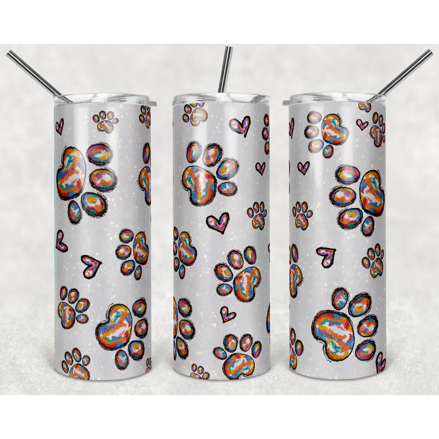 Paw Prints and Heart Doodle- 20 oz Skinny Tumblers w/ Lid and Straw