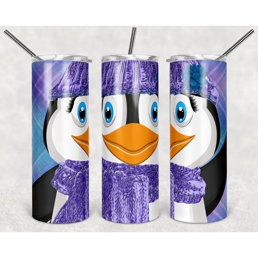 Penguin Purple Plaid - 20 oz Skinny Tumblers w/ Lid and Straw