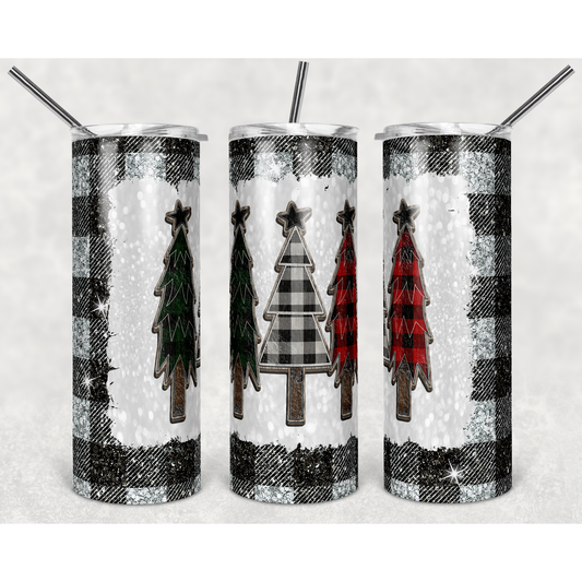 Plaid Black Silver Glitter Spot Trees- 20 oz Skinny Tumblers w/ Lid and Straw