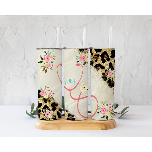 Nurse Leopard Glitter - Skinny Tumbler - southerncountryheart.com
