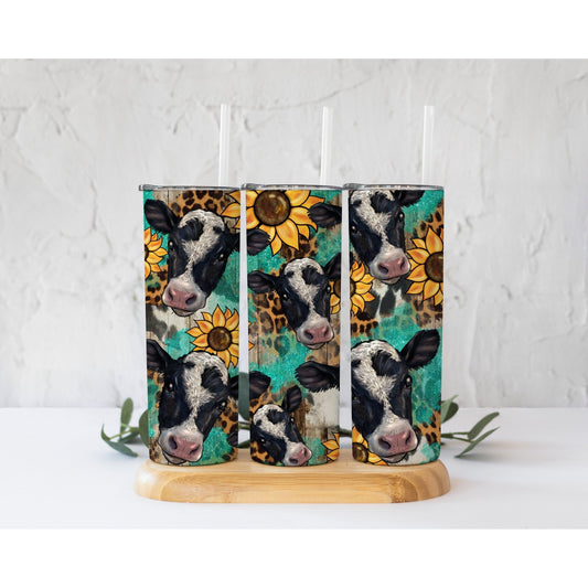 Western Leopard Sunflower Black and White Cow - Skinny Tumbler - southerncountryheart.com