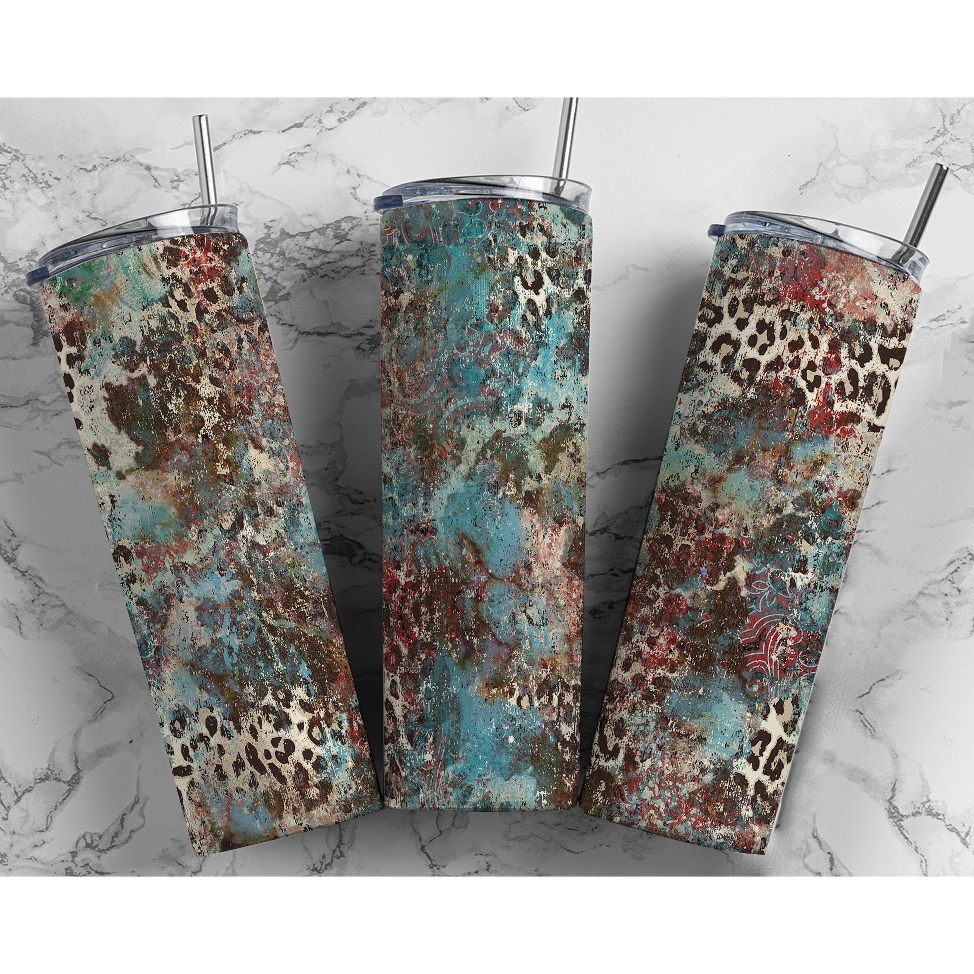 Cow Hide Western Teal Leopard - Skinny Tumbler - southerncountryheart.com