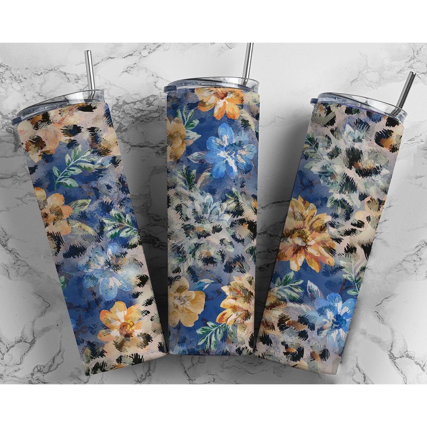 Blue Flower Leopard Color Wash - Skinny Tumbler - southerncountryheart.com