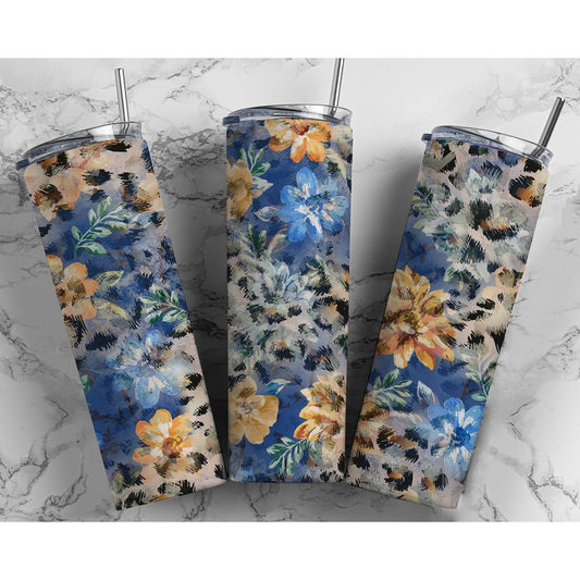Blue Flower Leopard Color Wash - Skinny Tumbler - southerncountryheart.com