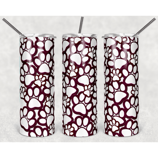 Paw Print Burst Maroon White - Skinny Tumbler - southerncountryheart.com