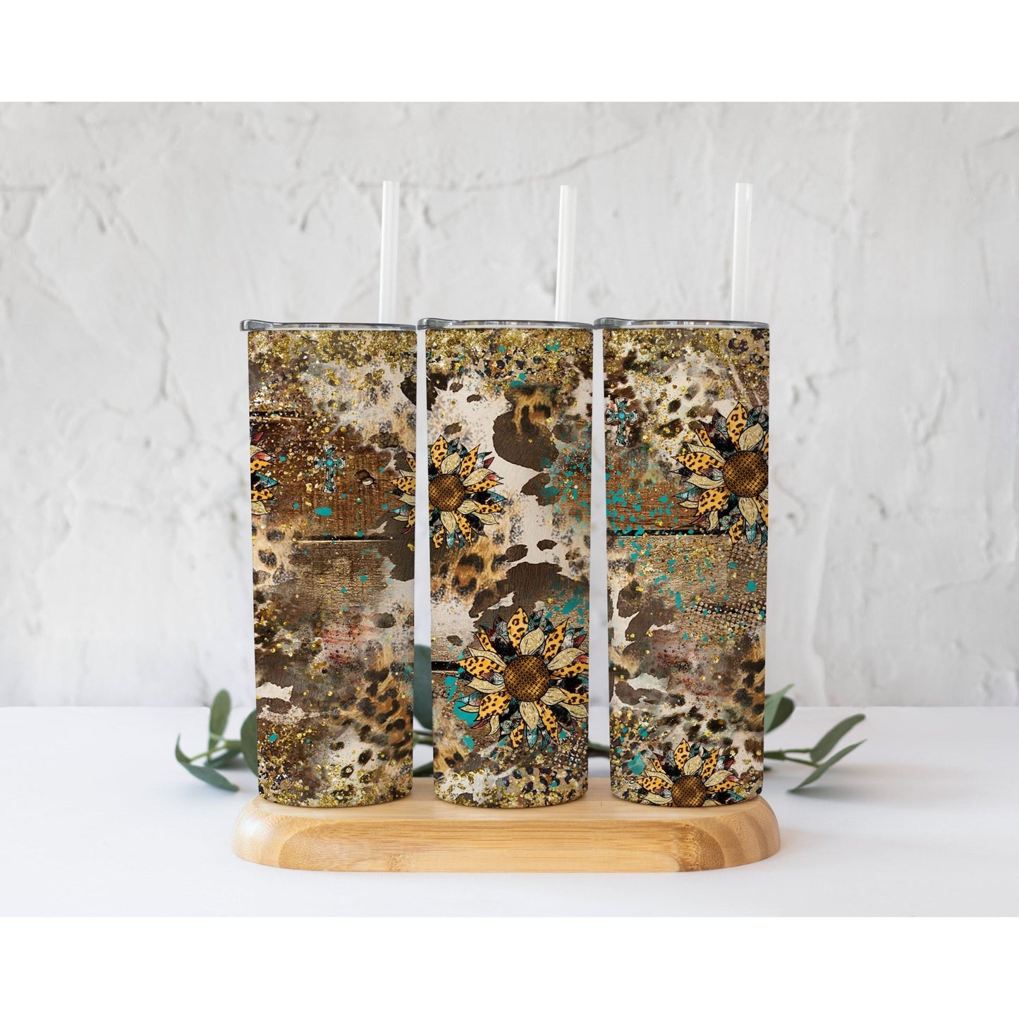 Sunflowers on Wood Cow Print - Skinny Tumbler - southerncountryheart.com