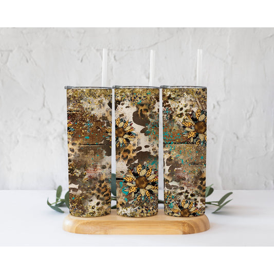 Sunflowers on Wood Cow Print - Skinny Tumbler - southerncountryheart.com