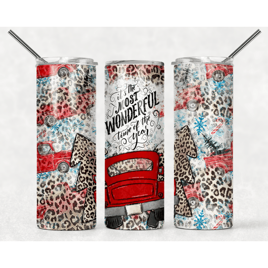 Most Wonderful Time of Year Red Truck Leopard - Skinny Tumbler - southerncountryheart.com