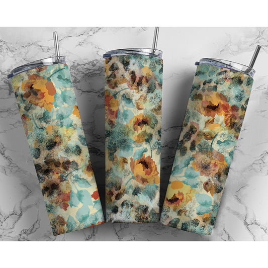 Teal Leopard Color Wash Flowers - Skinny Tumbler - southerncountryheart.com