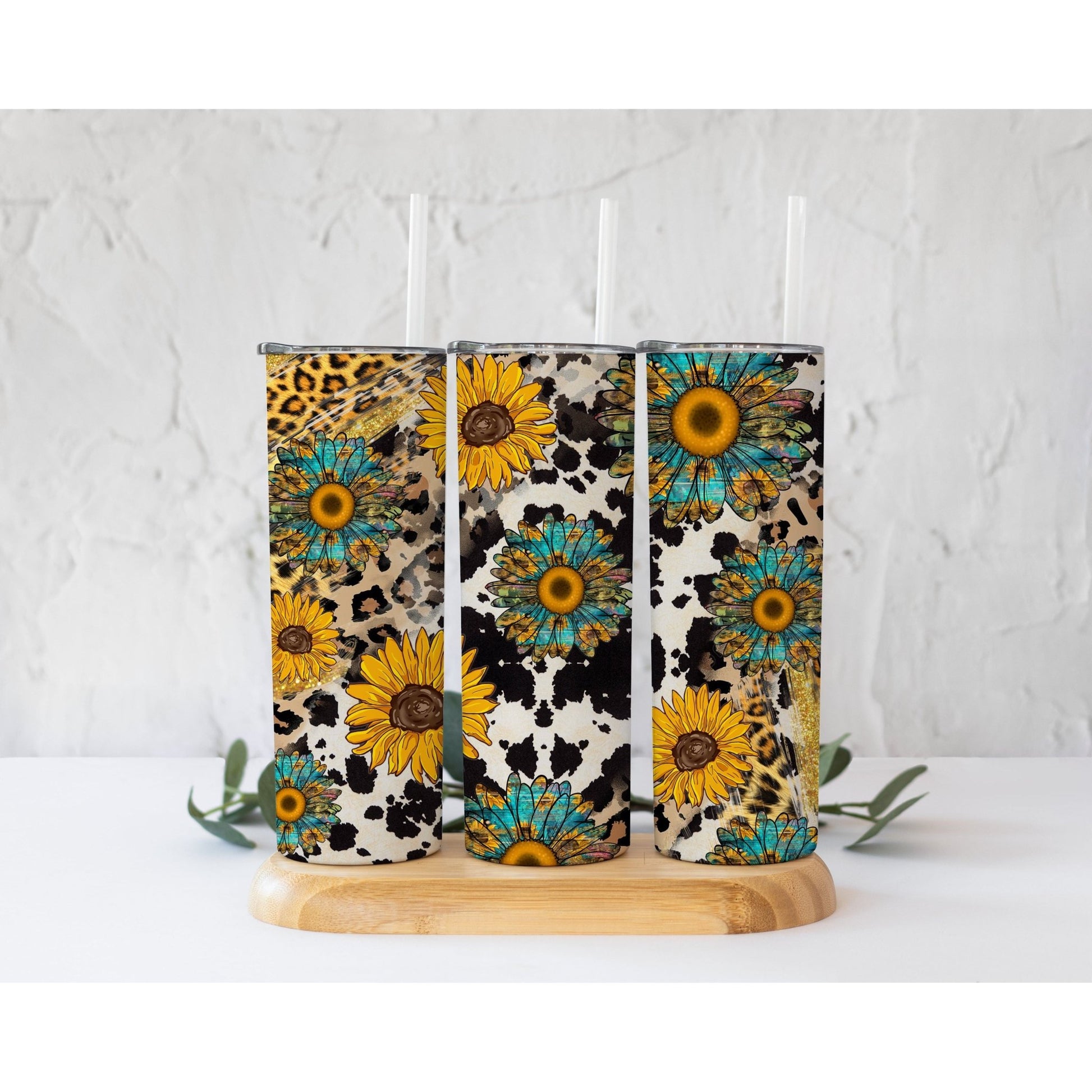 Turquoise Sunflower Cowhide Leopard - Skinny Tumbler - southerncountryheart.com