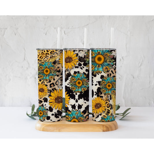 Turquoise Sunflower Cowhide Leopard - Skinny Tumbler - southerncountryheart.com