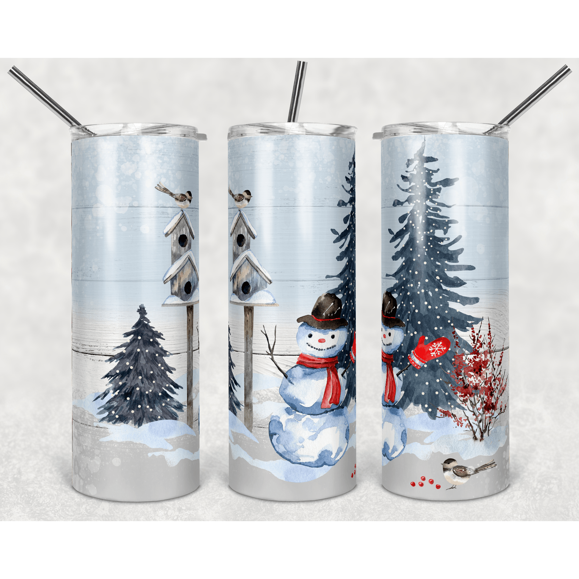 Winter Snowman and Birdhouse Scene on Wood - Skinny Tumbler - southerncountryheart.com